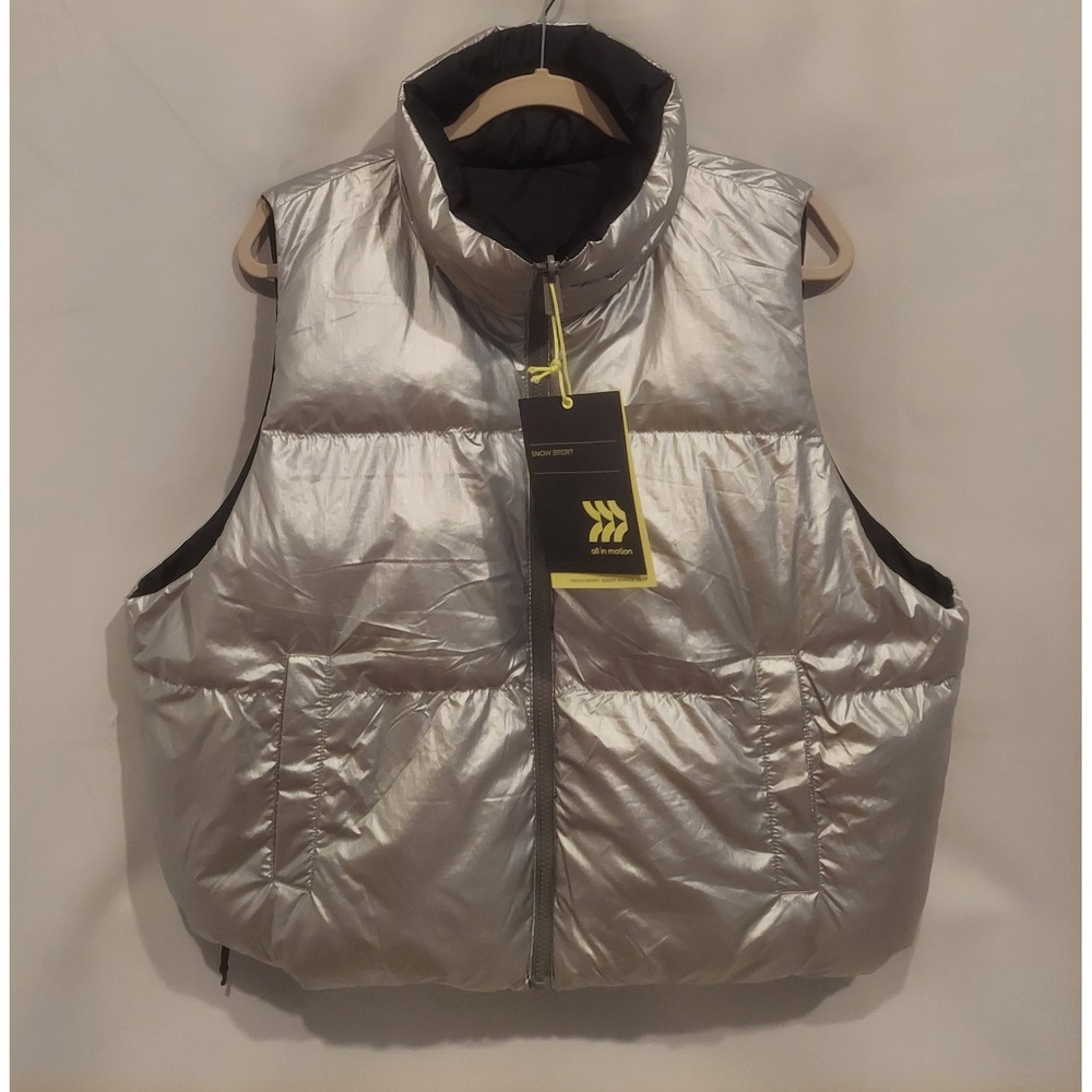 All In Motion Womens Black Silver Reversible Snow Sport Short Puffer Vest XL NWT - Picture 2 of 10